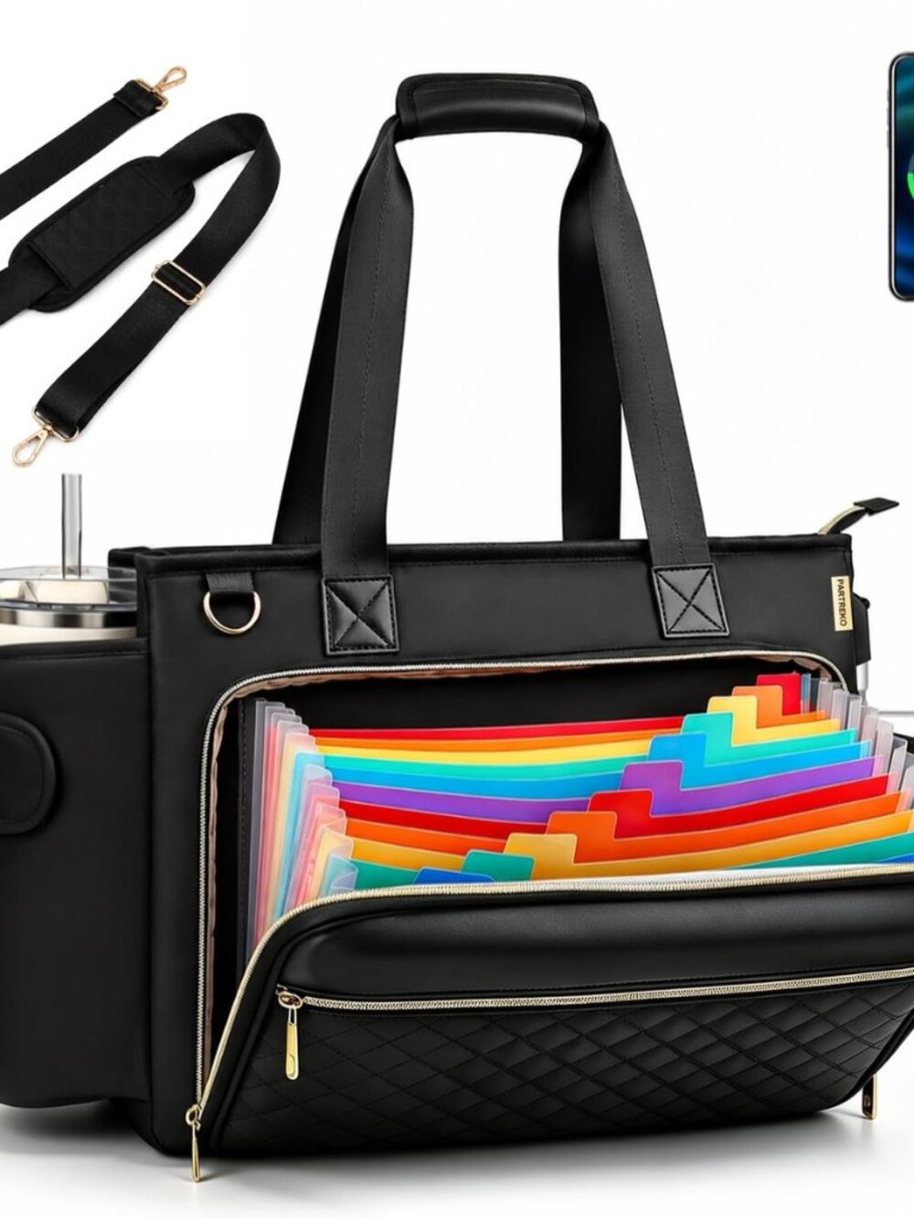 Teacher Tote Bag with Colourful Accordion File Organizer Pocket, USB Port& 15.6
